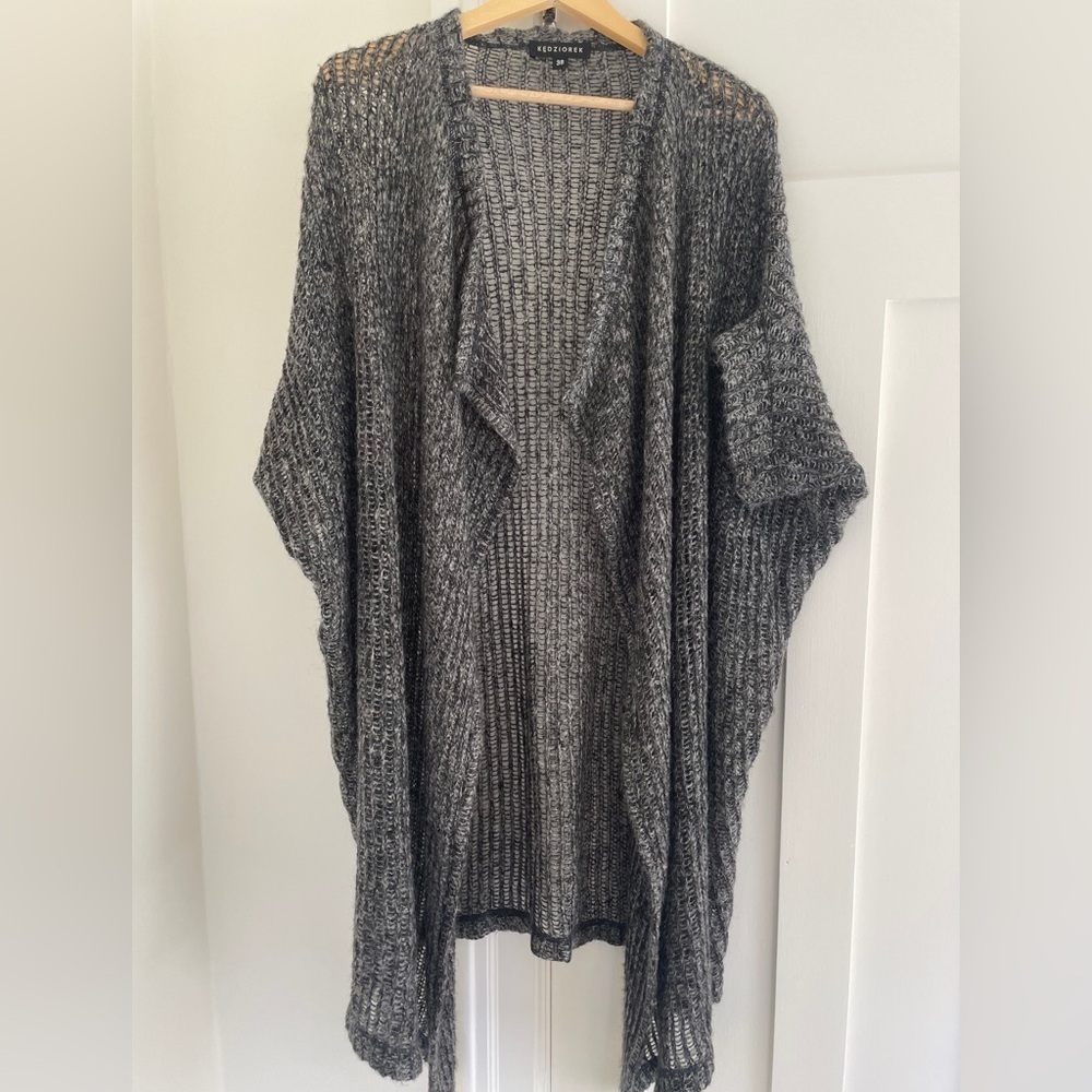 Kedziorek Mohair Wool Loose Knit Shrug Open Front Cardigan Kimono Heathered Grey
